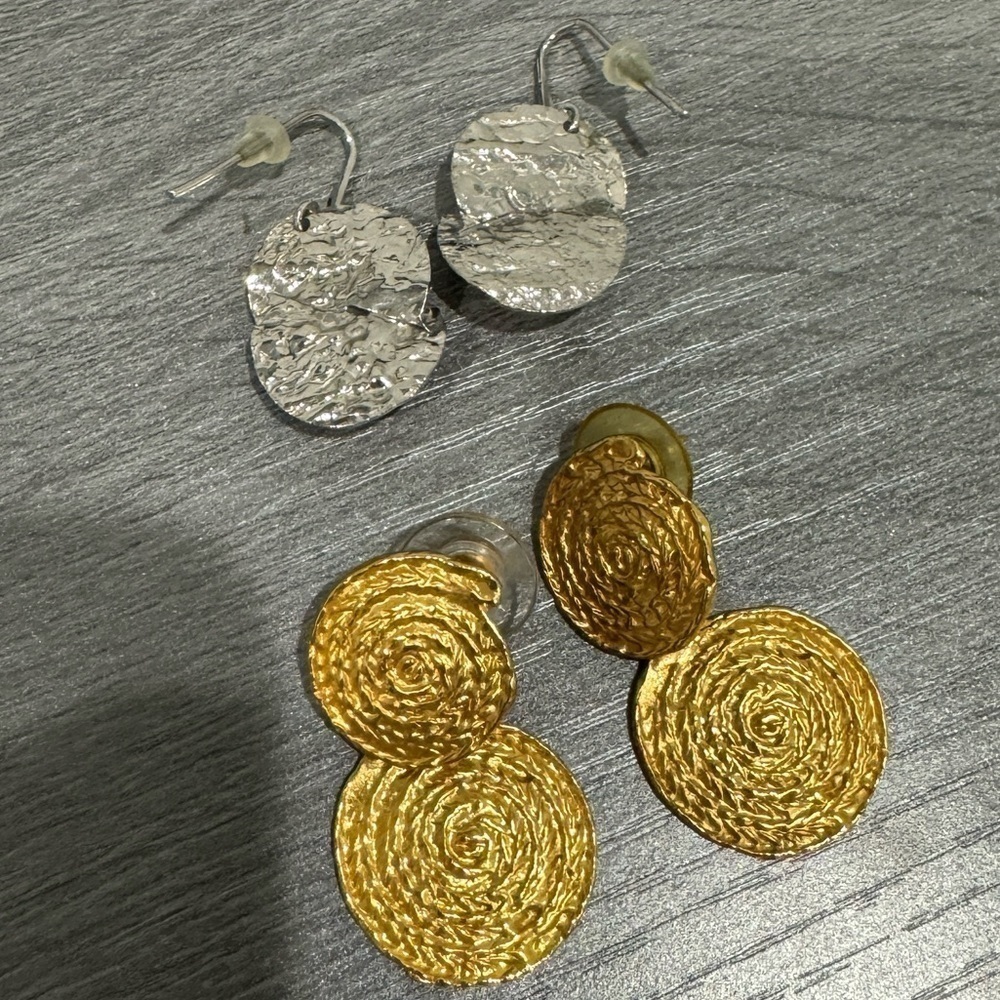 2 Pair Earrings - Gold Dangle & Silver Round Earrings